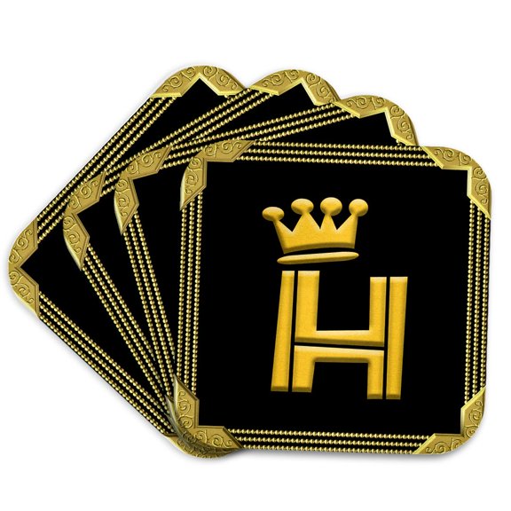 3drose, King, Queen Crown, Rich Frame. Yellow on Black. Handsome Letter H, Set of 4 Coasters - Cork