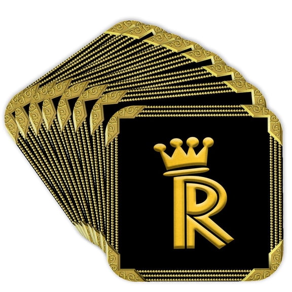 3drose, King, Queen Crown, Rich Frame. Yellow on Black. Resplendent Letter R, Set of 8 Coasters - Cork