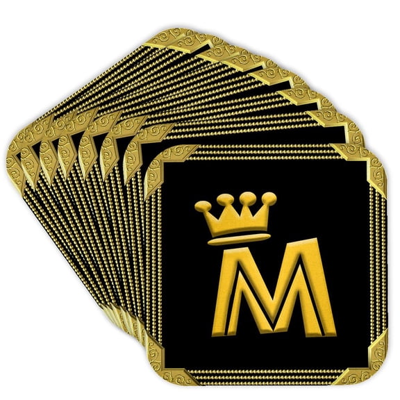 3drose, King, Queen Crown, Rich Frame. Yellow on Black. Shapely Letter M, Set of 8 Coasters - Cork