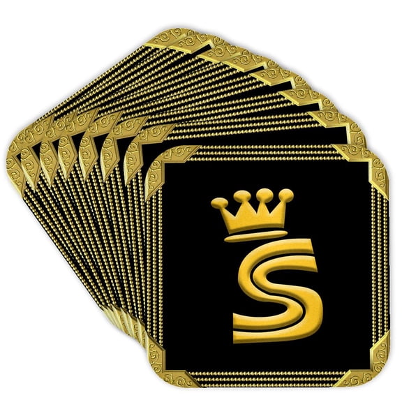 3drose, King, Queen Crown, Rich Frame. Yellow on Black. Stunning Letter S, Set of 8 Coasters - Cork