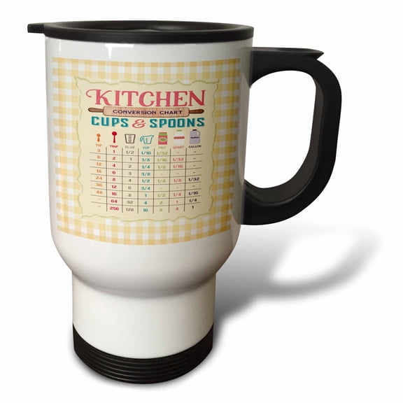3drose, Kitchen Measurement Conversion Chart, Rolling Pin, Cup, Yellow Gingham, 14oz Stainless Steel Travel Mug