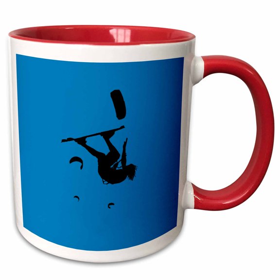3drose, Kitesurfer Somersaulting Black Vector Silhouette on Blue, 11oz Two-tone Red Mug