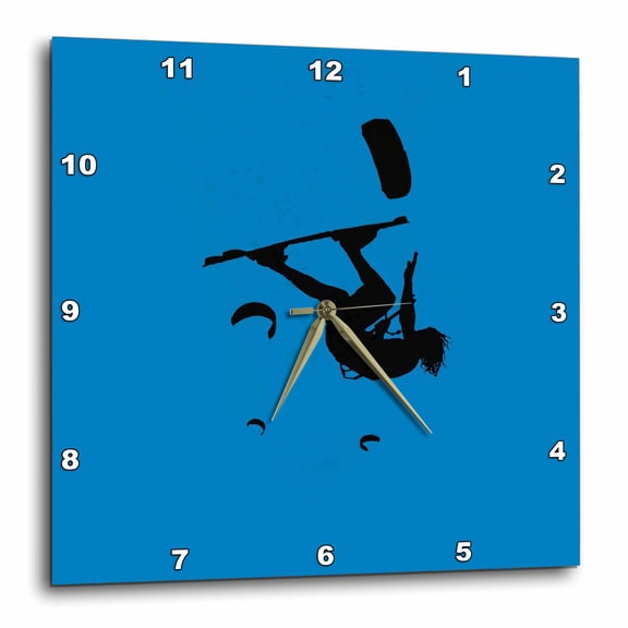 3drose, Kitesurfer Somersaulting Black Vector Silhouette on Blue, 15x15 Wall Clock