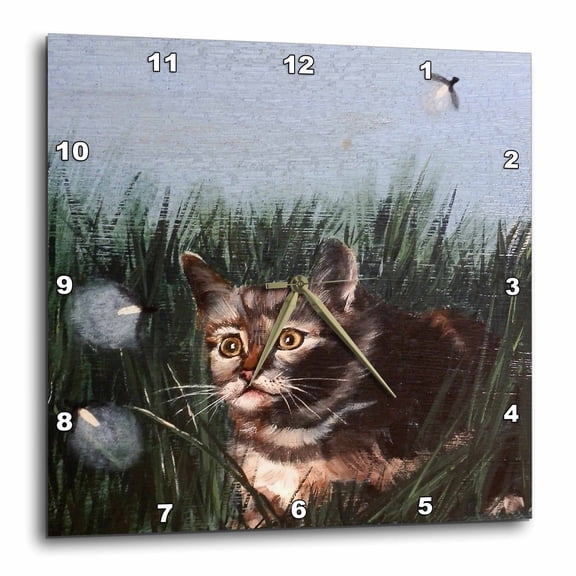 3drose, Kitten Hiding in Grass Staring Straight up at Lightning Bugs, 15x15 Wall Clock