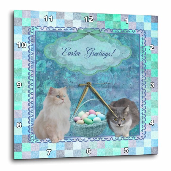3drose, Kitty Cats with Easter Basket of Eggs on Musical Sheet Background, Aqua, 10x10 Wall Clock