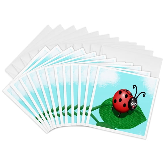 3drose, Lady Bug on Leaf, 12 Greeting Cards with Envelopes