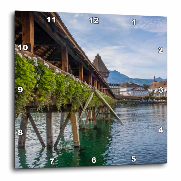 3drose, Lake Lucerne, Switzerland. Bridge and Swans in River in the Fall., 15x15 Wall Clock