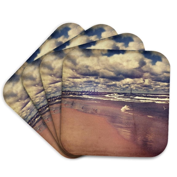 3drose, Lake Michigan Summer - Stylized Photograph of a Sandy Beach with Crashing Waves, Set of 4 Coasters - Cork