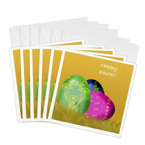3drose, Large Decorated Easter Eggs in Golden Grass and Happy Easter., 6 Greeting Cards with Envelopes