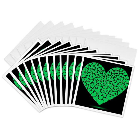 3drose, Large Green Heart Made of Smaller Hearts, 12 Greeting Cards with Envelopes