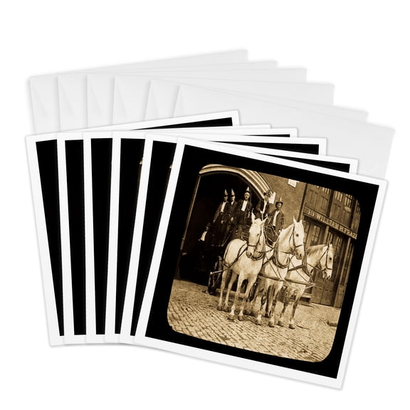 3drose, Late 1800s Horse Drawn Fire Company Sepia, 6 Greeting Cards with Envelopes