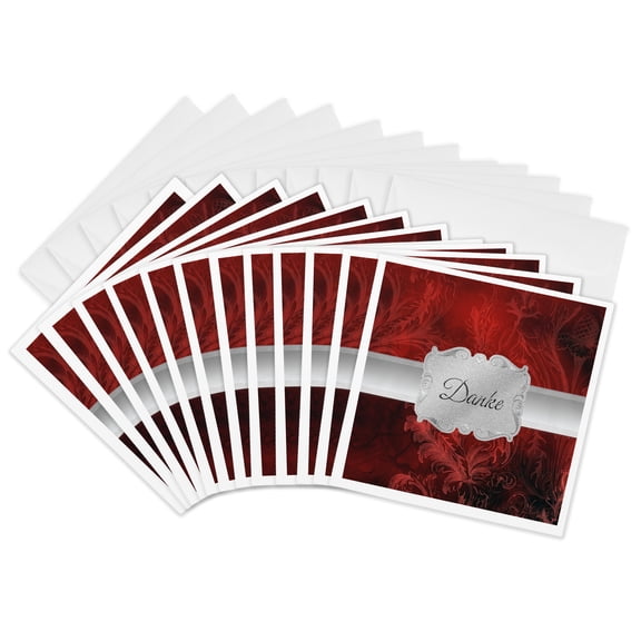 3drose, Lavish Red Leaf Print with Silver Frame, Thank You in German, 12 Greeting Cards with Envelopes