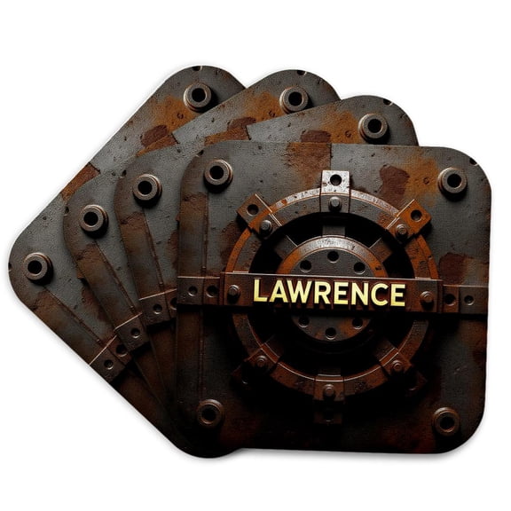 3drose, Lawrence Man Name, Rusty Plate, Mechanical Art. Personal Artsy Gift, Set of 4 Coasters - Soft