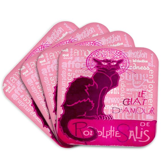 3drose, Le Chat Damour in Pink with Words of Love, Set of 4 Coasters - Soft