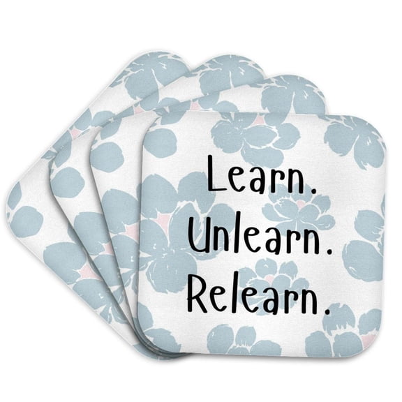 3drose, Learn Unlearn Relearn Typography - Muted Blue Floral Growth Quote, Set of 4 Coasters - Soft