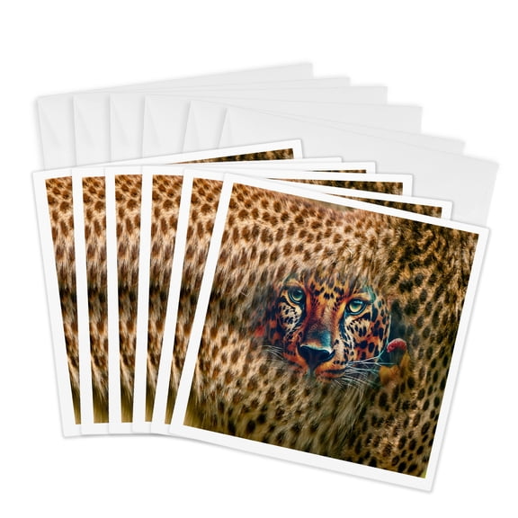 3drose, Leopard Background with Leopard Blending into the Design, 6 Greeting Cards with Envelopes