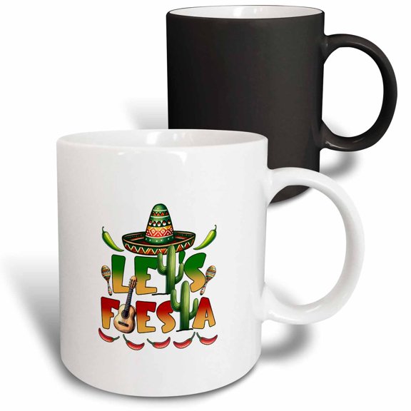3drose, Let Is Fiesta. Green, Yellow, Text, Sombrero, Cactus, Pepper. Gift, 11oz Magic Transforming Mug