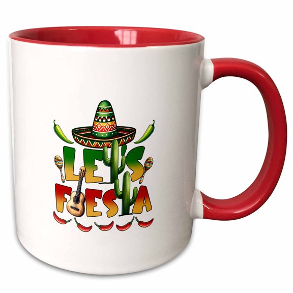 3drose, Let Is Fiesta. Green, Yellow, Text, Sombrero, Cactus, Pepper. Gift, 11oz Two-tone Red Mug