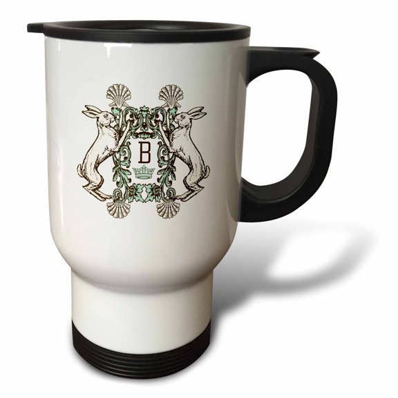 3drose, Letter B- White Rabbits Monogram with Shells and Crown, 14oz Stainless Steel Travel Mug