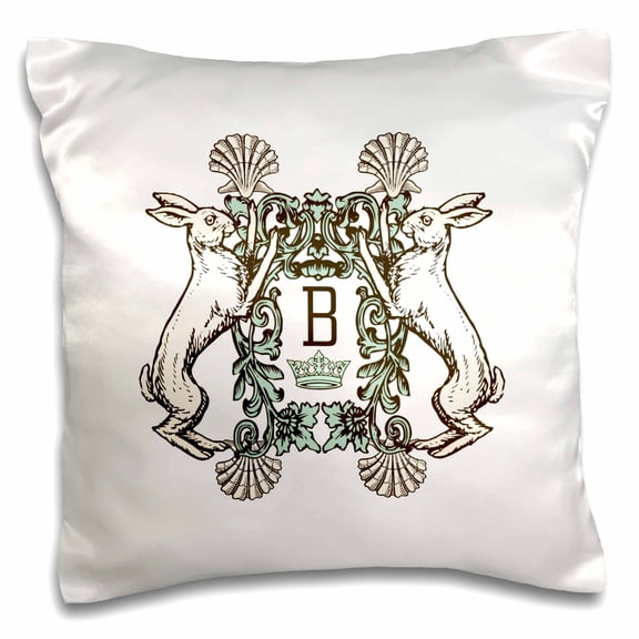 3drose, Letter B- White Rabbits Monogram with Shells and Crown, 16x16 inch Pillow Case