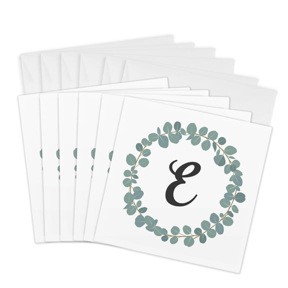 3drose, Letter E Monogram Eucalyptus Leaves Wreath Elegant Greenery, 6 Greeting Cards with Envelopes