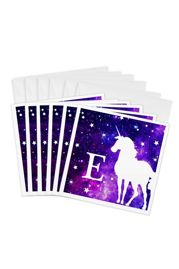 , Letter E Monogram Unicorn Purple Space Stars Personalized Initial E, 6 Greeting Cards with Envelopes