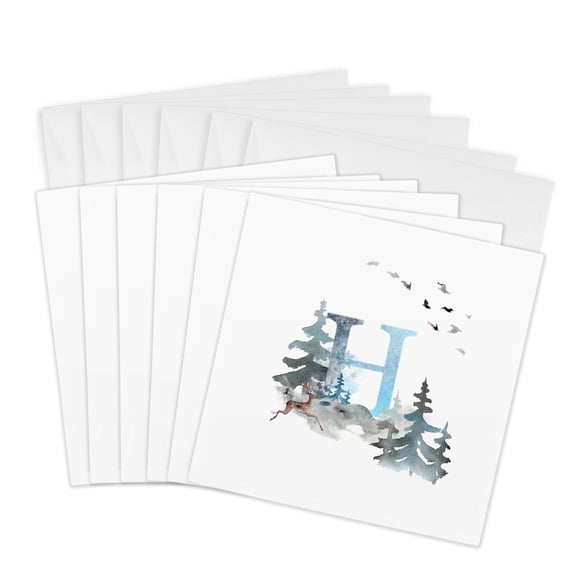 3drose, Letter H Personal Wood Animal Watercolor Monogram Personalized Initial, 6 Greeting Cards with Envelopes