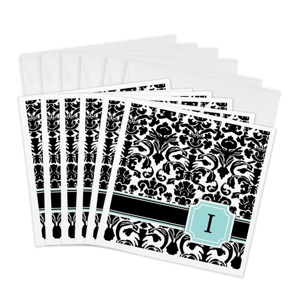 3drose, Letter I Personal Monogrammed Mint Blue Black and White Damask Pattern - Classy Personalized Initial, 6 Greeting Cards with Envelopes