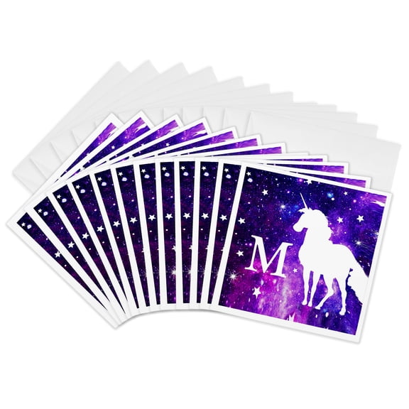 3drose, Letter M Monogram Unicorn Purple Space Stars Personalized Initial M, 12 Greeting Cards with Envelopes