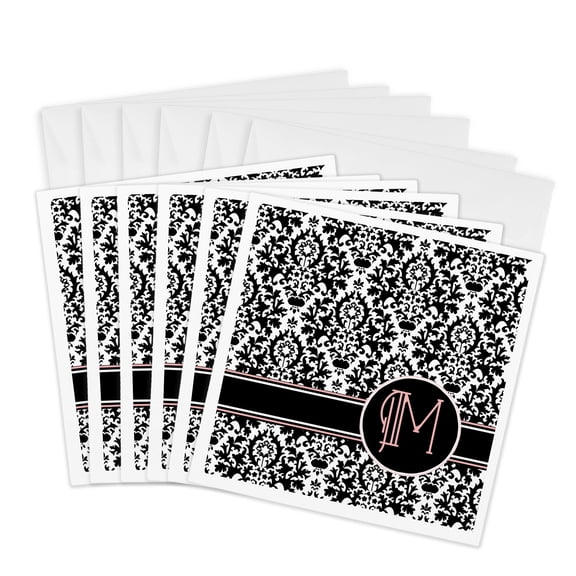 3drose, Letter M Personal Monogrammed Damask Pattern-personalized Initial, 6 Greeting Cards with Envelopes
