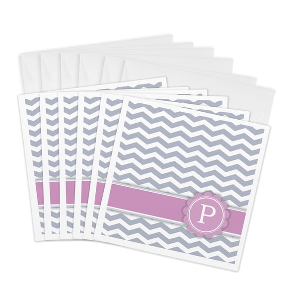 3drose, Letter P Monogrammed on Grey and White Chevron with Pink - Gray Zigzags - Personal Initial Zig Zags, 6 Greeting Cards with Envelopes