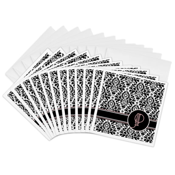 3drose, Letter P Personal Monogrammed Damask Pattern-personalized Initial, 12 Greeting Cards with Envelopes