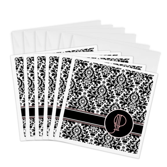 3drose, Letter P Personal Monogrammed Damask Pattern-personalized Initial, 6 Greeting Cards with Envelopes
