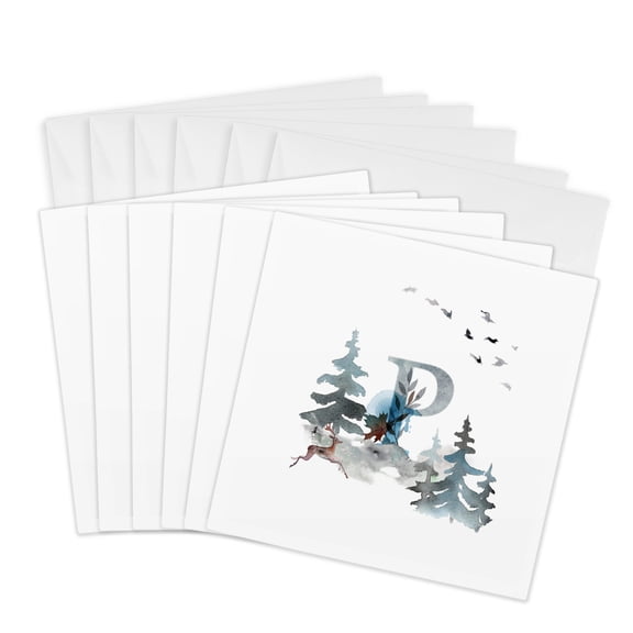 3drose, Letter P Personal Wood Animal Watercolor Monogram Personalized Initial, 6 Greeting Cards with Envelopes