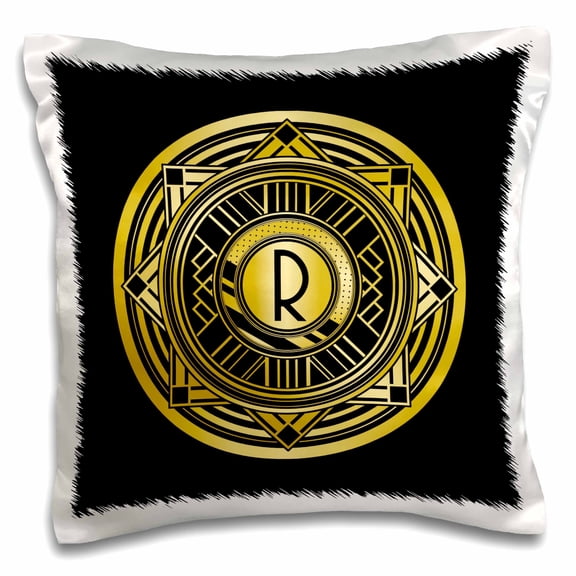 3drose, Letter R Art Deco Geometric Monogram in Faux Gold and Black, 16x16 inch Pillow Case