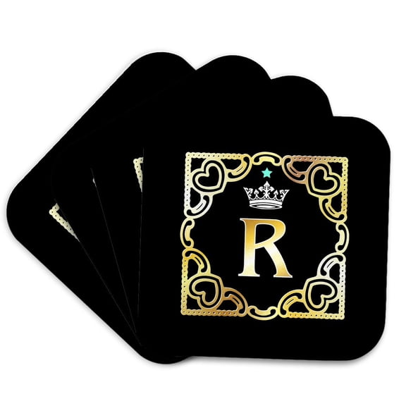 3drose, Letter R- Image of Monogram with Crown and Blue Star- Not Metal Foil, Set of 4 Coasters - Soft