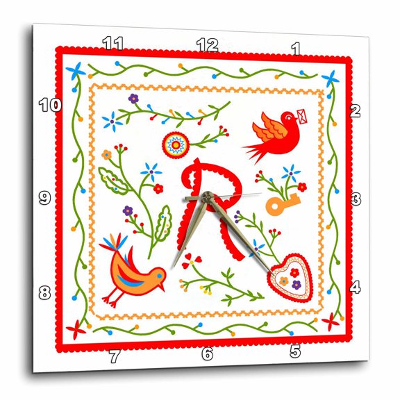 3drose, Letter R Monogram and Design Inpired by Portuguese Love Handkerchiefs Tradition, 10x10 Wall Clock