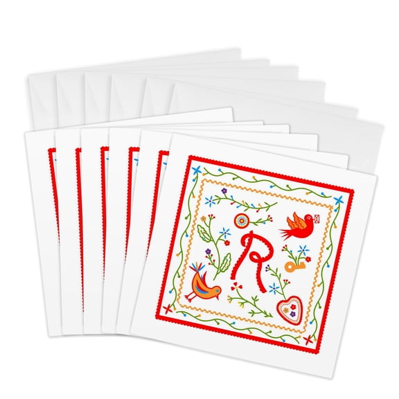 3drose, Letter R Monogram and Design Inpired by Portuguese Love Handkerchiefs Tradition, 6 Greeting Cards with Envelopes