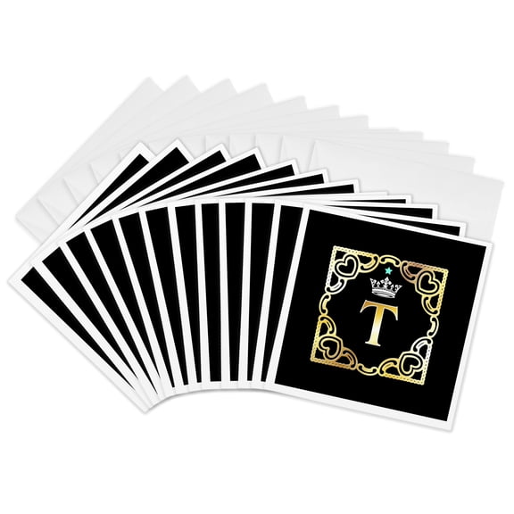 3drose, Letter T- Image of Monogram with Crown and Blue Star- Not Metal Foil, 12 Greeting Cards with Envelopes