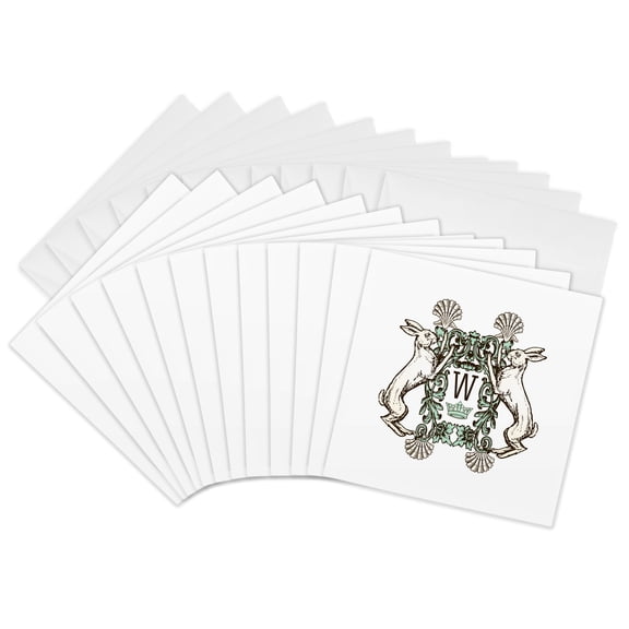 3drose, Letter W- White Rabbits Monogram with Shells and Crown, 12 Greeting Cards with Envelopes