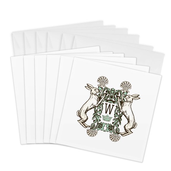 3drose, Letter W- White Rabbits Monogram with Shells and Crown, 6 Greeting Cards with Envelopes