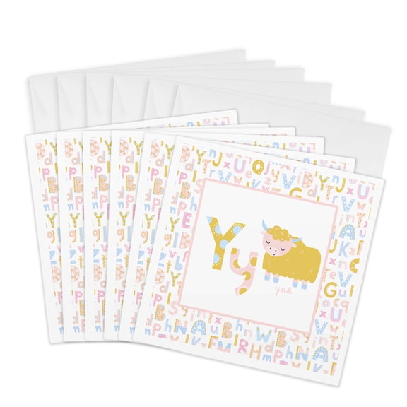 3drose, Letter Y - Yak B Illustration for Kids Monogram -personalized Initial, 6 Greeting Cards with Envelopes