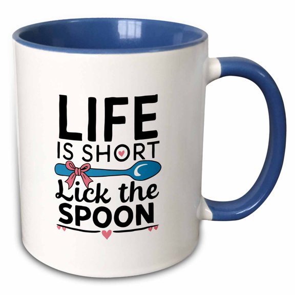 3drose, Life Is Short, Lick the Spoon Funny Kitchen Slogan, Motto, Sign, 11oz Two-tone Blue Mug