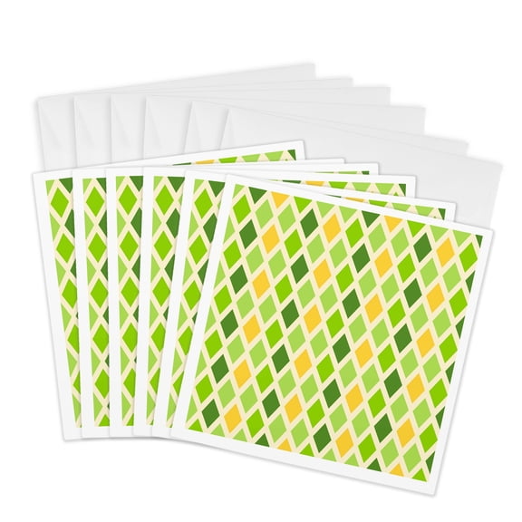 3drose, Light and Bright Green and Yellow Diamond Shapes Geometric Pattern, 6 Greeting Cards with Envelopes
