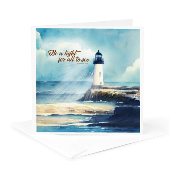 3drose, Lighthouse Coastal Painting with Christian Scripture Be the Light, 1 Greeting Card with Envelope