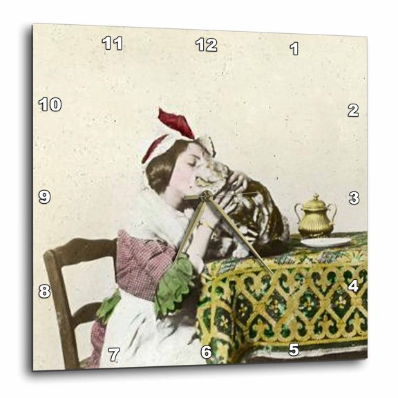 3drose, Little Girl Loving Her Cat During Tea Time., 13x13 Wall Clock