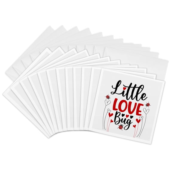3drose, Little Love Bug Cute Typography in Red and Black with Ladybugs, 12 Greeting Cards with Envelopes