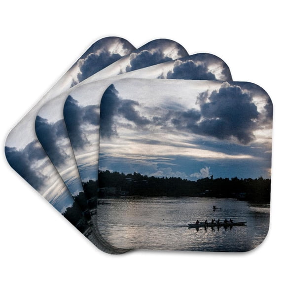 3drose, Locals Training for Rowing Championship at Sunset, Yap, Micronesia, Set of 4 Coasters - Soft