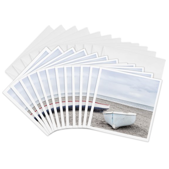 3drose, Lonely Rowing Boats on a Calm Beach, 12 Greeting Cards with Envelopes