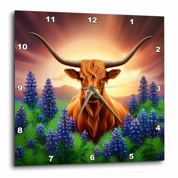 3drose, Longhorn Cattle Surrounded by a Wreath of Bluebonnet, 10x10 Wall Clock